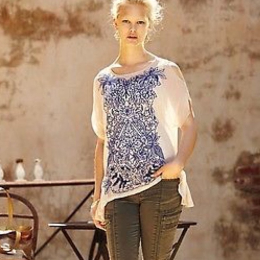 Anthropologie Baraschi Bea Embroidered Sheer Top Boho Floral Ivory Blue Size L